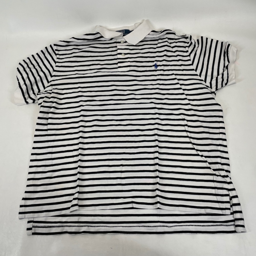 Polo Ralph Lauren Mens XL Striped Short Sleeve Polo Shirt Navy Blue White Cotton